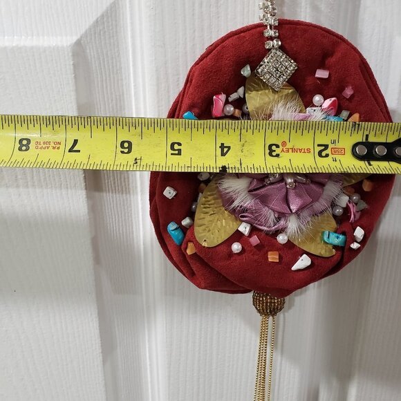 Red Coin Purse with Pink Satin Flower, Gems & Gold Leaf – Statement Mini Bag - Picture 11 of 13
